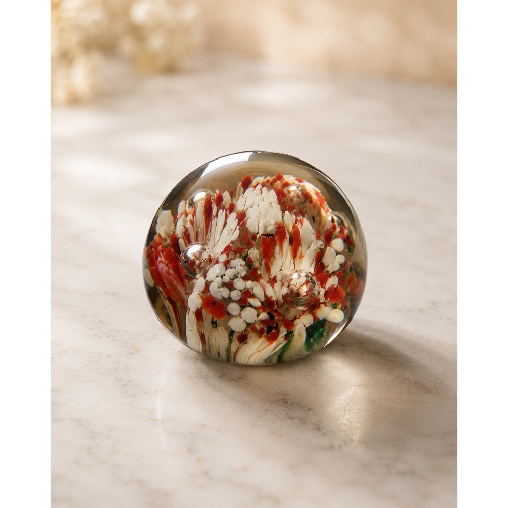 Vintage Art Glass Paperweight Red White Green Controlled Bubble Made in India